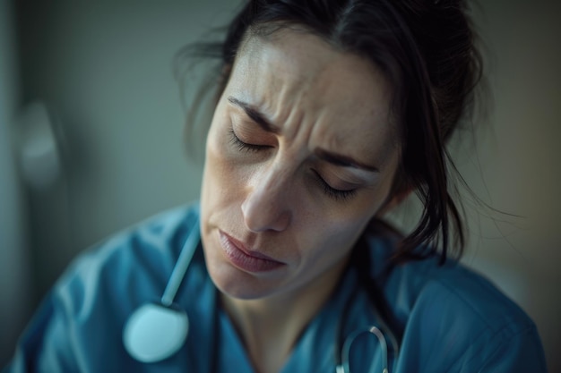 Portret van een verpleegster die verdrietig en overstuur is ondiepe diepte van het veld