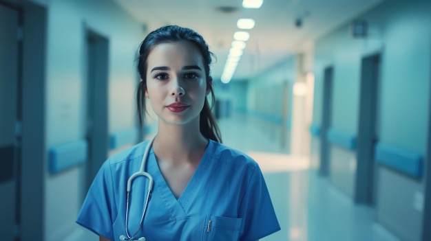 Portret van een verpleegster in de gang van een ziekenhuis