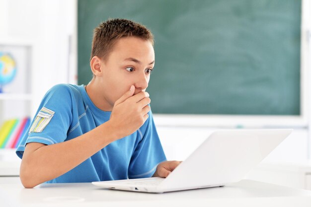 Portret van een verraste jongen die laptop in de kamer gebruikt