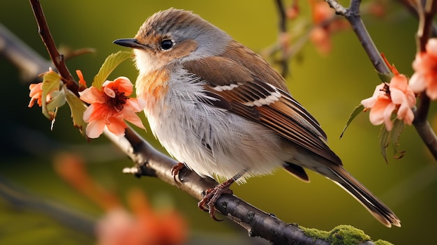 portret van een vink op een boomtak met bloemen