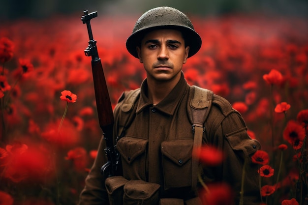 Portret van een vintage oorlogssoldaat die in een veld van rode papaver staat