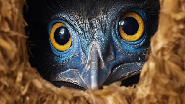 Foto portret van een vogel in een vogelnest met gele ogen