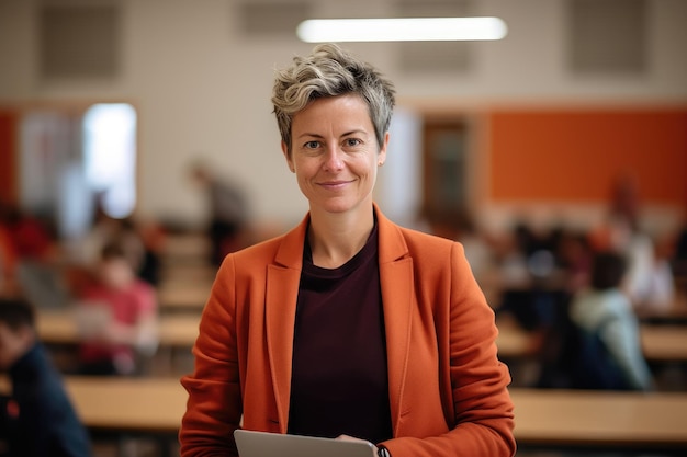 Portret van een volwassen docent die naar de camera kijkt terwijl hij in de generatieve AI van de collegezaal staat