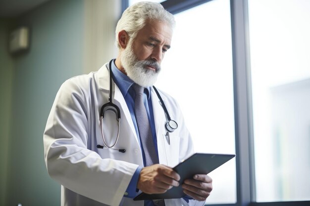 Foto portret van een volwassen dokter die een digitale tablet gebruikt in zijn kantoor