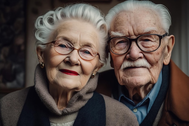 Portret van een volwassen en volwassen getrouwd stel op hun oude dag, liefdevol en omarmend door Ai gegenereerd