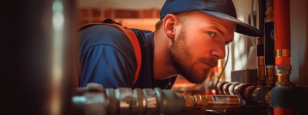 Foto portret van een volwassen gelukkige mannelijke loodgieter