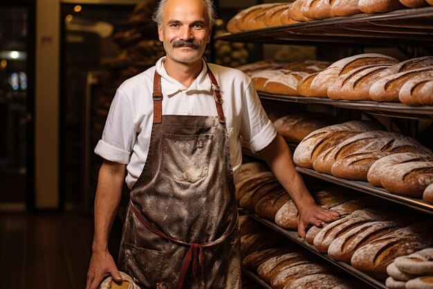 Portret van een volwassen mannelijke bakker met een brood in een bakkerij