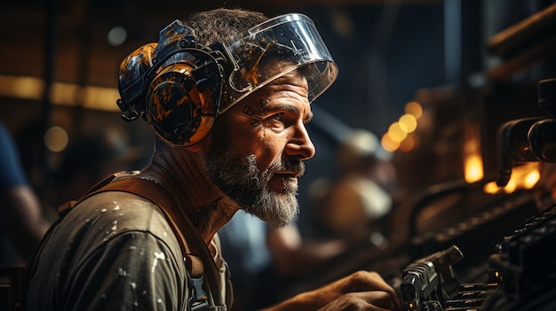 Portret van een volwassen mannelijke werknemer in een metallurgische fabriek