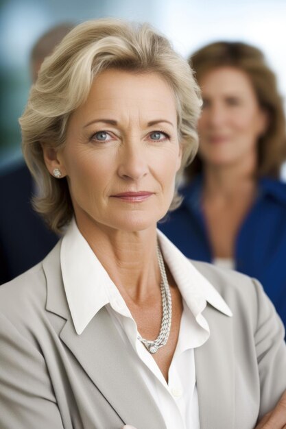 Portret van een volwassen zakenvrouw met haar collega's op de achtergrond