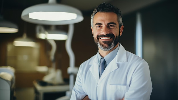 Portret van een vriendelijke dokter die met gevouwen armen glimlacht en een witte jas draagt
