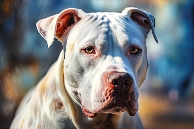Portret van een vriendelijke en aanbiddelijke witte pitbull in lichte karmozijnrode en blauwe kleuren Generatieve AI