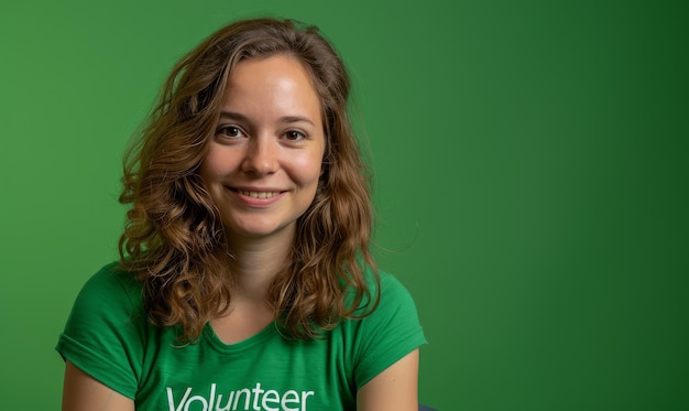 Portret van een vriendelijke jonge persoon die een groen vrijwilligersshirt draagt op een groene achtergrond