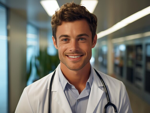 Foto portret van een vriendelijke mannelijke arts in werkkleding met een stethoscoop om de nek
