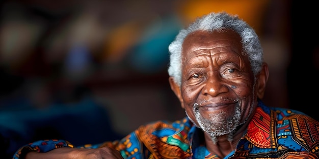 Portret van een vriendelijke oudere Afrikaanse man die binnen zit Concept Gezinsportret Huisdierenportret Indoor fotoshoot Ouderenportretten Zwarte Geschiedenis Maand