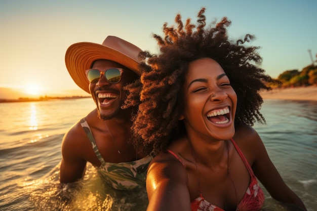 Portret van een vrolijk Afrikaans-Amerikaans echtpaar dat plezier heeft op het strand bij zonsondergang Een zwart stel dat geniet van reizen en strandplezier, lachend tijdens een zonsondergang, natuuravontuur en zomervakantie AI gegenereerd