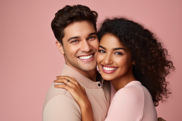 Foto portret van een vrolijk interracial paar dat elkaar knuffelt op een pastel achtergrond generatieve ai