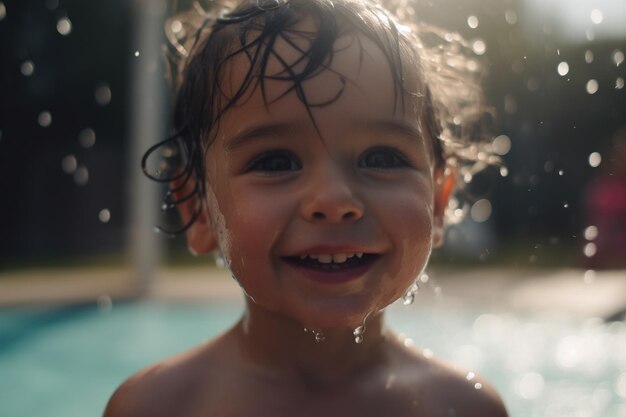 portret van een vrolijk kind in het zwembad kinderen zwemmen en spelen in het water geluk en zomer generatieve ai