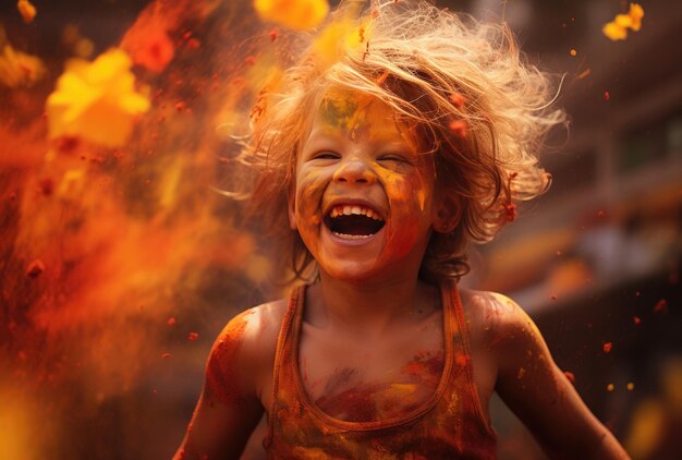 Foto portret van een vrolijk klein meisje dat buiten met holipoeder speelt