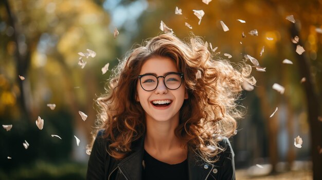 Portret van een vrolijk krullend meisje in een bril tegen de achtergrond van een herfst bos bladeren vliegen Generatieve AI