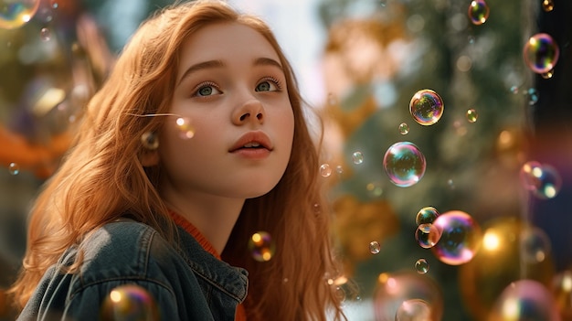 portret van een vrolijk meisje dat buiten zeepbellen blaast gemaakt door generatieve AI