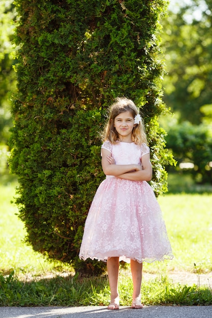 Portret van een vrolijk meisje in een weelderige roze jurk in het park.