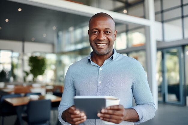 Foto portret van een vrolijke afro-amerikaanse zakenman in casual kleding met een smartphone en een kop koffie gelukkige glimlachende volwassen man succesvolle ondernemer of werknemer die in een kantoor of coworking café werkt