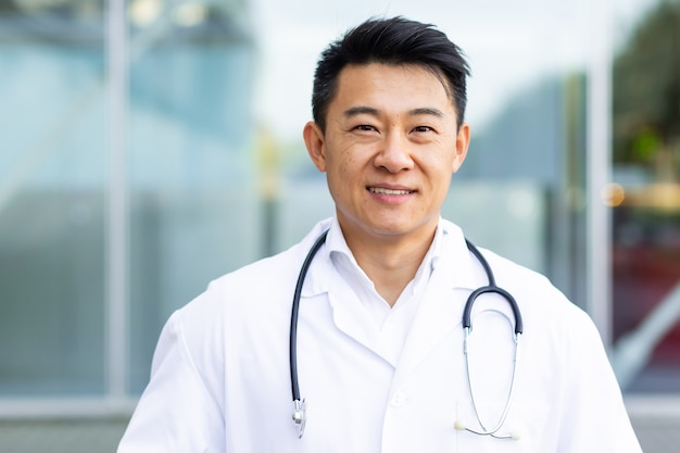 Portret van een vrolijke Aziatische dokter die lacht op de achtergrond van een moderne kliniek buitenshuis