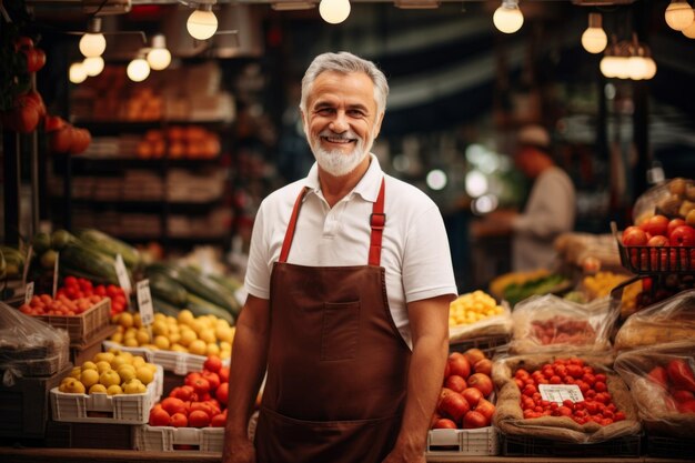 Portret van een vrolijke Europese eigenaar die bij een marktstand staat.