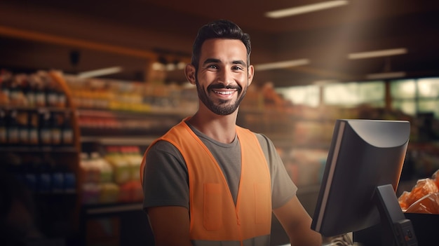 Portret van een vrolijke glimlachende mannelijke kassier in een supermarkt symboliseert vriendelijke klantenservice