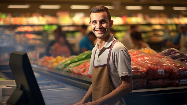 Foto portret van een vrolijke glimlachende mannelijke kassier in een supermarkt symboliseert vriendelijke klantenservice