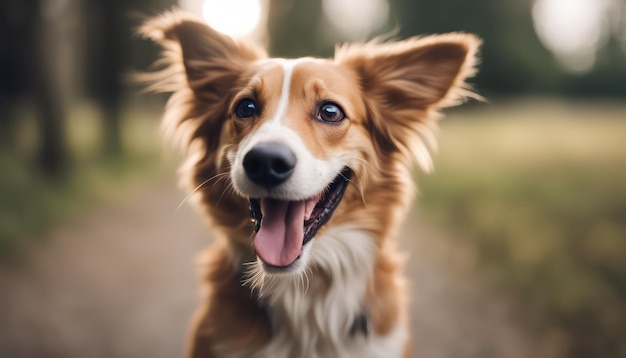 Portret van een vrolijke hond met een grote glimlach in een natuurpark