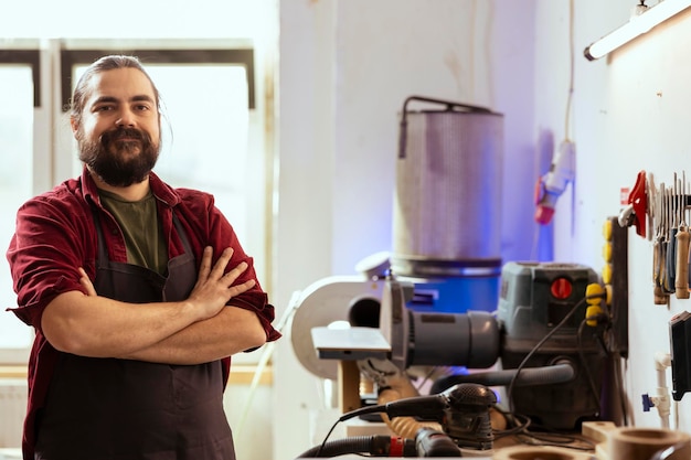 Portret van een vrolijke houtbewerker die zich voorbereidt op de start van de productie