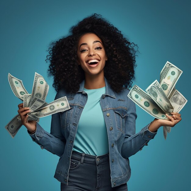 Portret van een vrolijke jonge vrouw die geldbankbiljetten vasthoudt en geïsoleerd viert