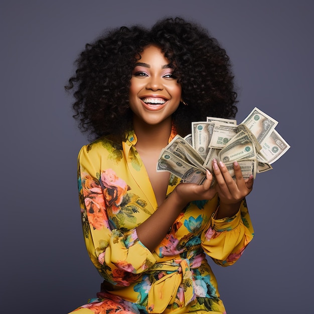 Portret van een vrolijke jonge vrouw die geldbankbiljetten vasthoudt en geïsoleerd viert
