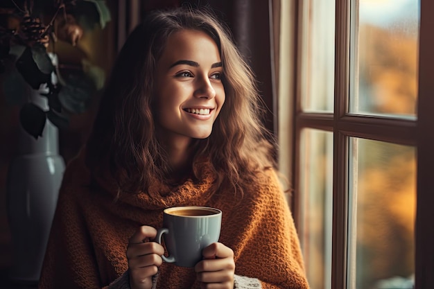 Portret van een vrolijke jonge vrouw die thuis van een kopje koffie geniet en lacht op een herfstdag Generatieve ai