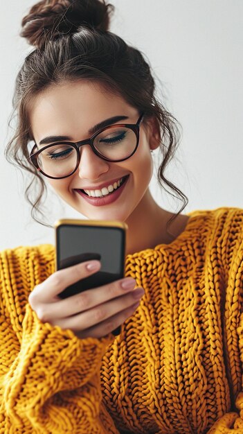 Portret van een vrolijke jonge vrouw met een smartphone