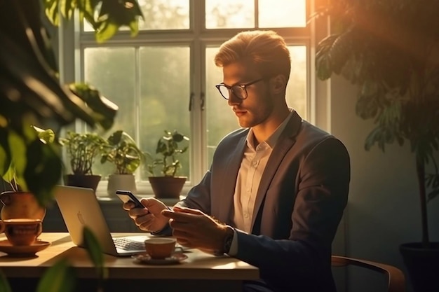 Portret van een vrolijke man die een smartphone gebruikt op kantoor aan huis Generatieve AI