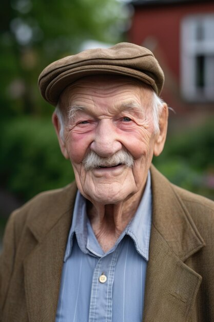 Foto portret van een vrolijke oudere man die buiten staat, gemaakt met generatieve ai