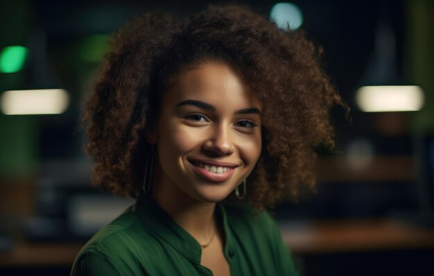 Portret van een vrolijke, tevreden dame op groene doek, een stralende glimlach, kijk camera geïsoleerd op colo