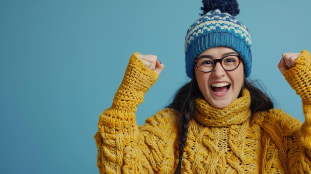 Portret van een vrolijke vrouw in een gebreide trui en bril op een blauwe achtergrond