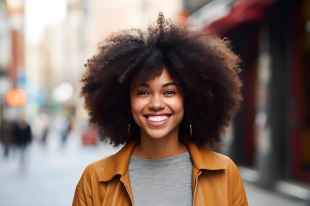 Portret van een vrolijke zwarte vrouw met een afro kapsel in een stedelijke omgeving Concept Outdoor Photoshoot Urban Setting Joyful Portrait Afro Hairstyle Black Woman