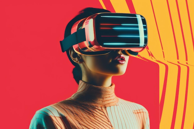 Portret van een vrouw die een virtual reality headset draagt met een moderne grafische illustratiestijl