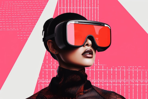 Portret van een vrouw die een virtual reality headset draagt met een moderne grafische illustratiestijl