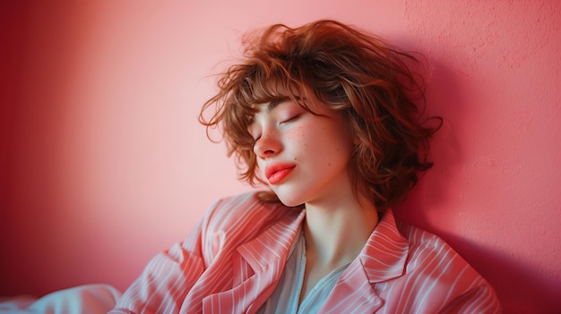 Portret van een vrouw die met haar ogen gesloten slaapt in de roze kamer schattig rustig ontspannen