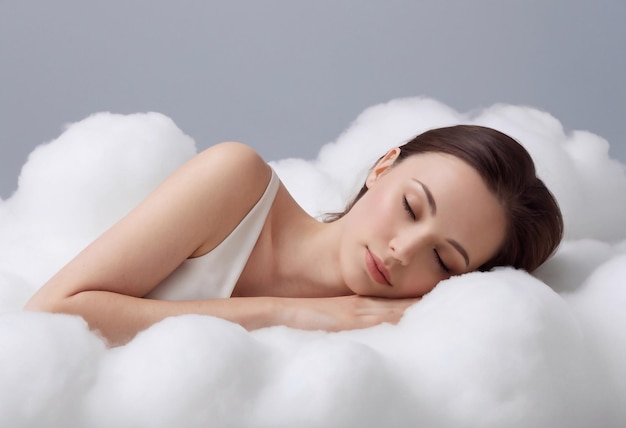 portret van een vrouw die op een wolk slaapt