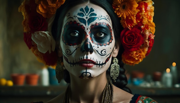 Portret van een vrouw die prachtige Day of the Dead-kostuums en schedelmake-up draagt