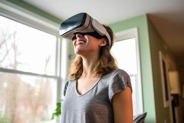 Portret van een vrouw die thuis een VR-headset draagt
