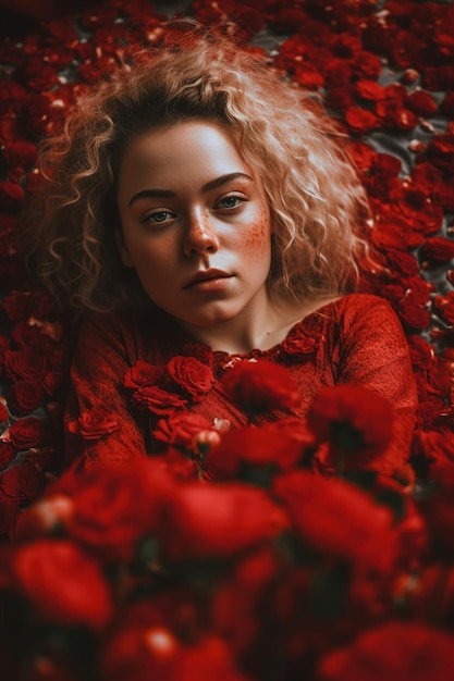 Portret van een vrouw die tussen bloemen ligt