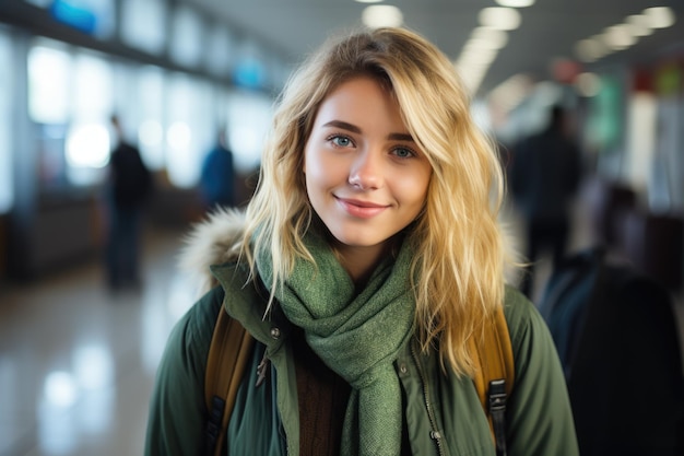 portret van een vrouw die wacht op vertrek op de luchthaven, ai gegenereerd