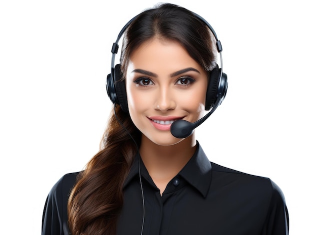 Portret van een vrouw die werkt in de klantenservice bij een callcenter witte achtergrondgeluid Generatieve AI